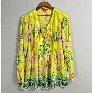 LILY PULITZER Blouse Womens Size Large Long Sleeve Yellow Pink Marilina Tunic‎